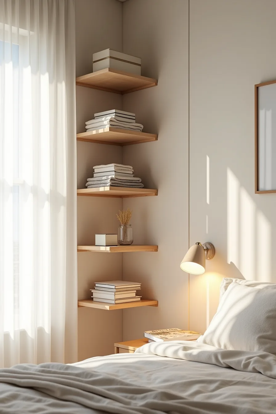 Tall bedroom wall shelving filled with folded clothes, small boxes, and decorative items across five levels.