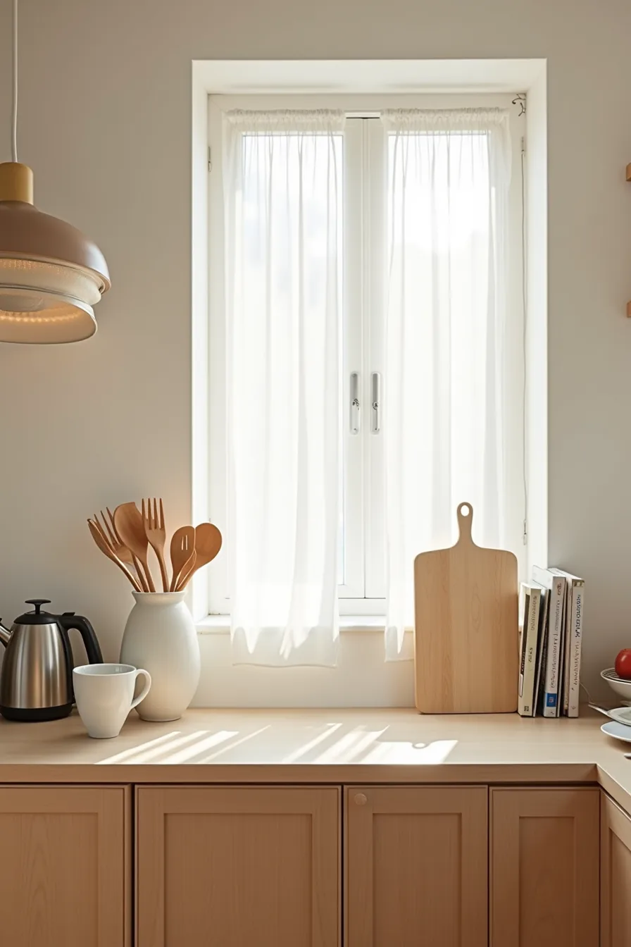 Kitchen counter organized into coffee, cooking, and meal-prep stations with utensils, kettle, and stacked bowls.