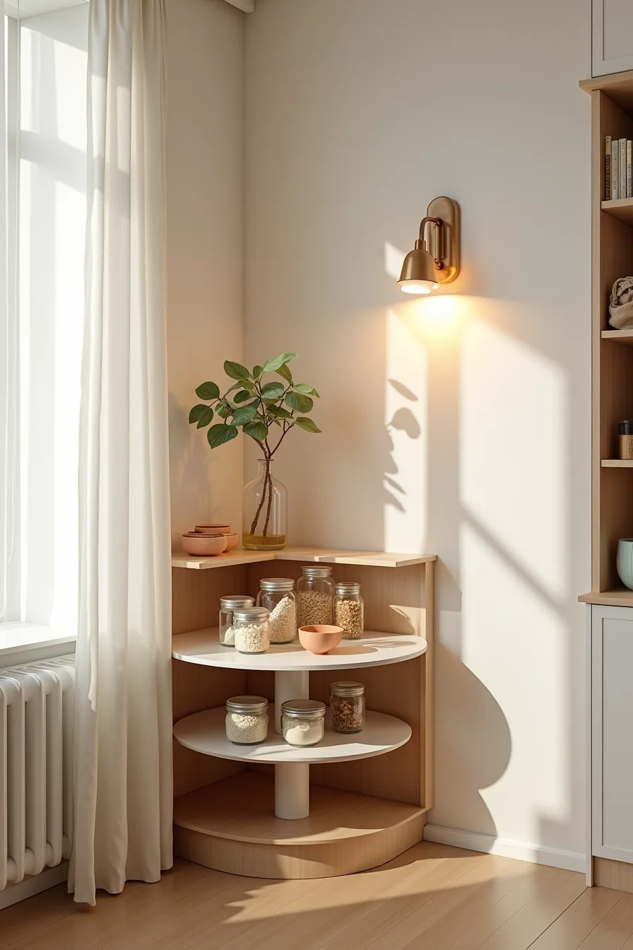 Corner cabinet with rotating lazy Susan turntable holding glass jars and containers arranged in a circle.