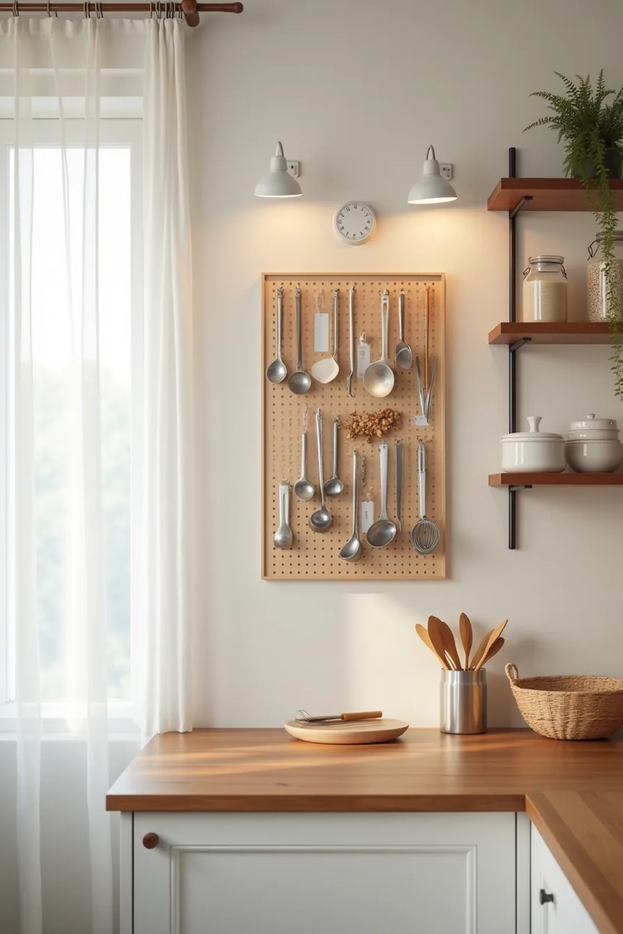 Wall-mounted pegboard with hanging kitchen tools and measuring equipment beside a shelving unit with baskets and storage