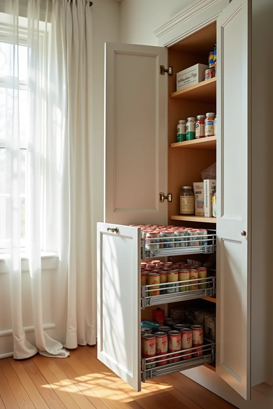 Two-tier pull-out wire baskets inside cabinet displaying canned goods on lower shelf and boxed items on upper shelf.
