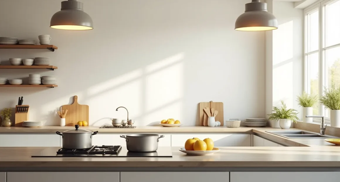 Stainless steel kitchen counter organized into prep, cooking, serving, and cleanup zones with visible tools and dinnerware.