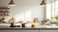 Stainless steel kitchen counter organized into prep, cooking, serving, and cleanup zones with visible tools and dinnerware.