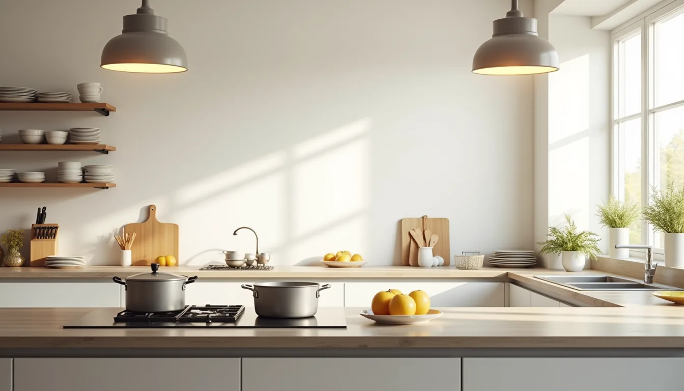 Stainless steel kitchen counter organized into prep, cooking, serving, and cleanup zones with visible tools and dinnerware.