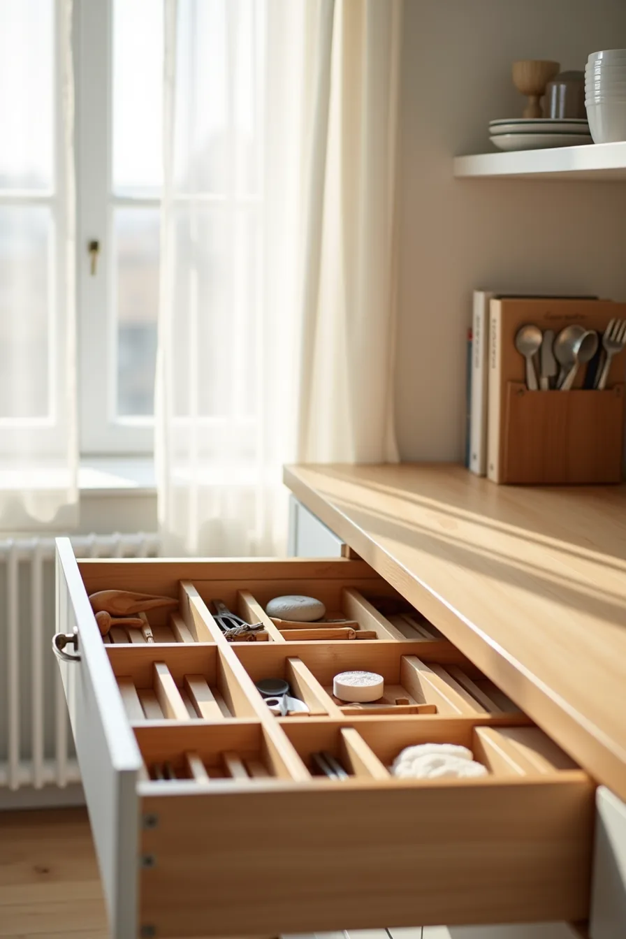 Open drawer with wooden compartments organizing wooden spoons, measuring spoons, kitchen shears, and rolled dish towels.