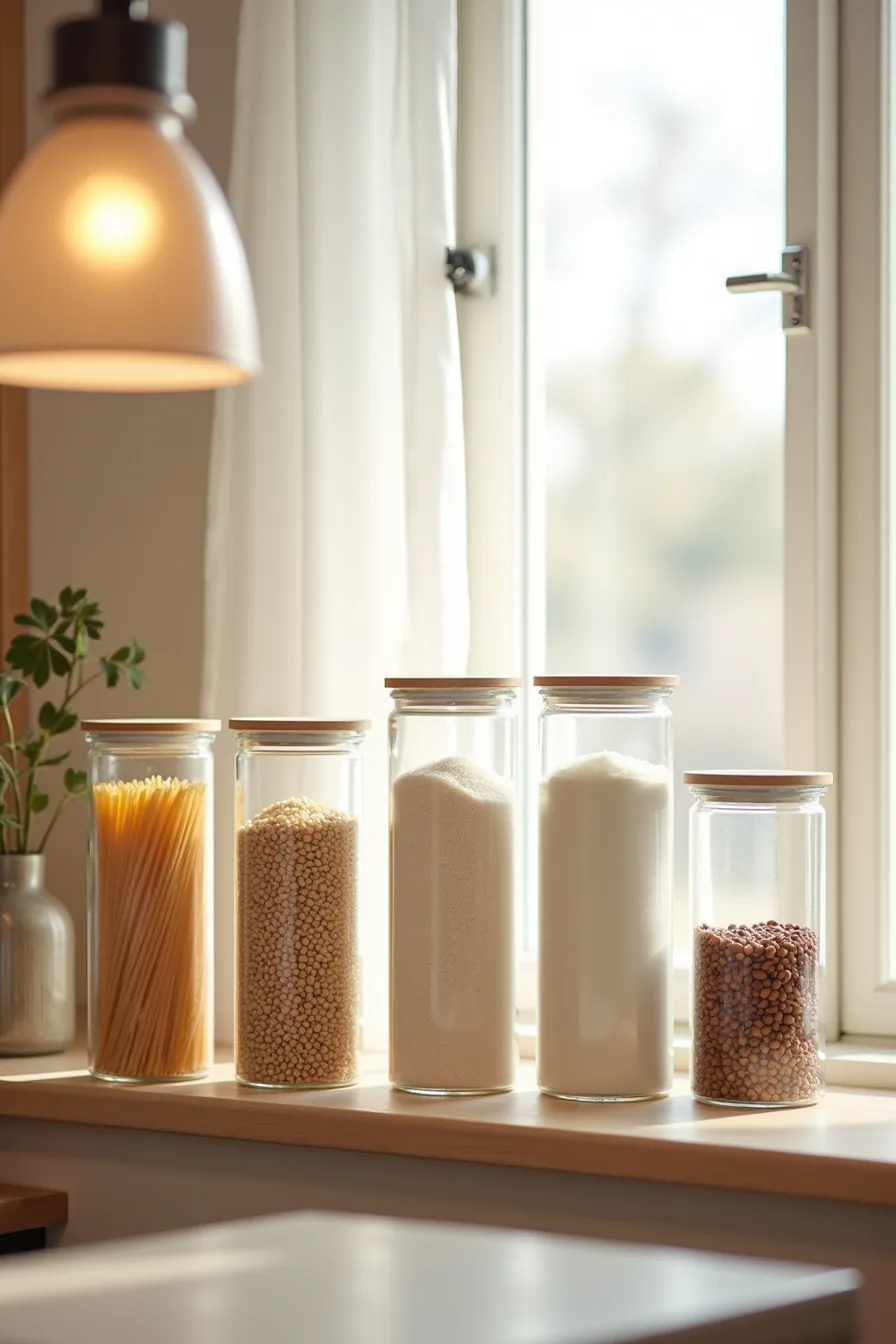 Five labeled glass containers on pantry shelf holding pasta, flour, rice, beans, and sugar.