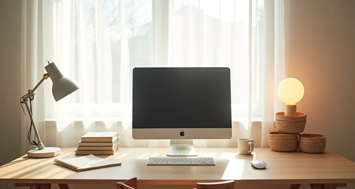 Home office desk divided into three organized zones with lamp, notebooks, monitor, and woven baskets.