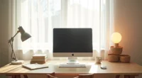 Home office desk divided into three organized zones with lamp, notebooks, monitor, and woven baskets.