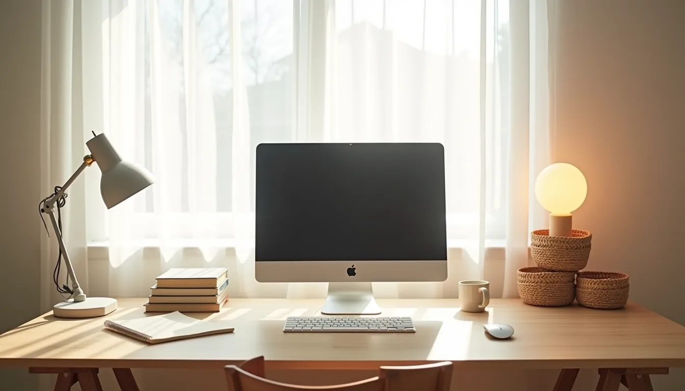 Home office desk divided into three organized zones with lamp, notebooks, monitor, and woven baskets.