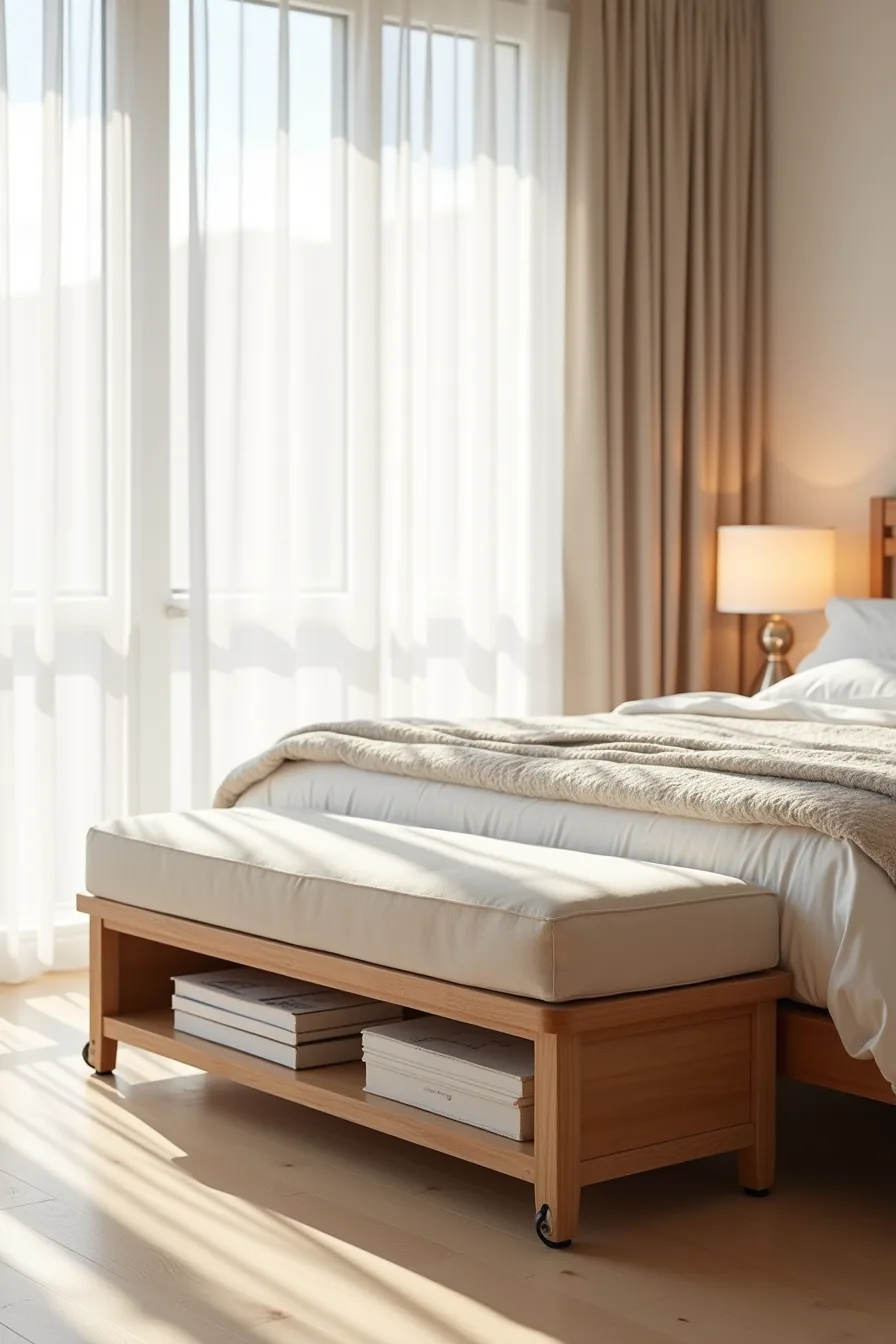 Upholstered storage bench at foot of bed with wheeled storage boxes visible underneath.