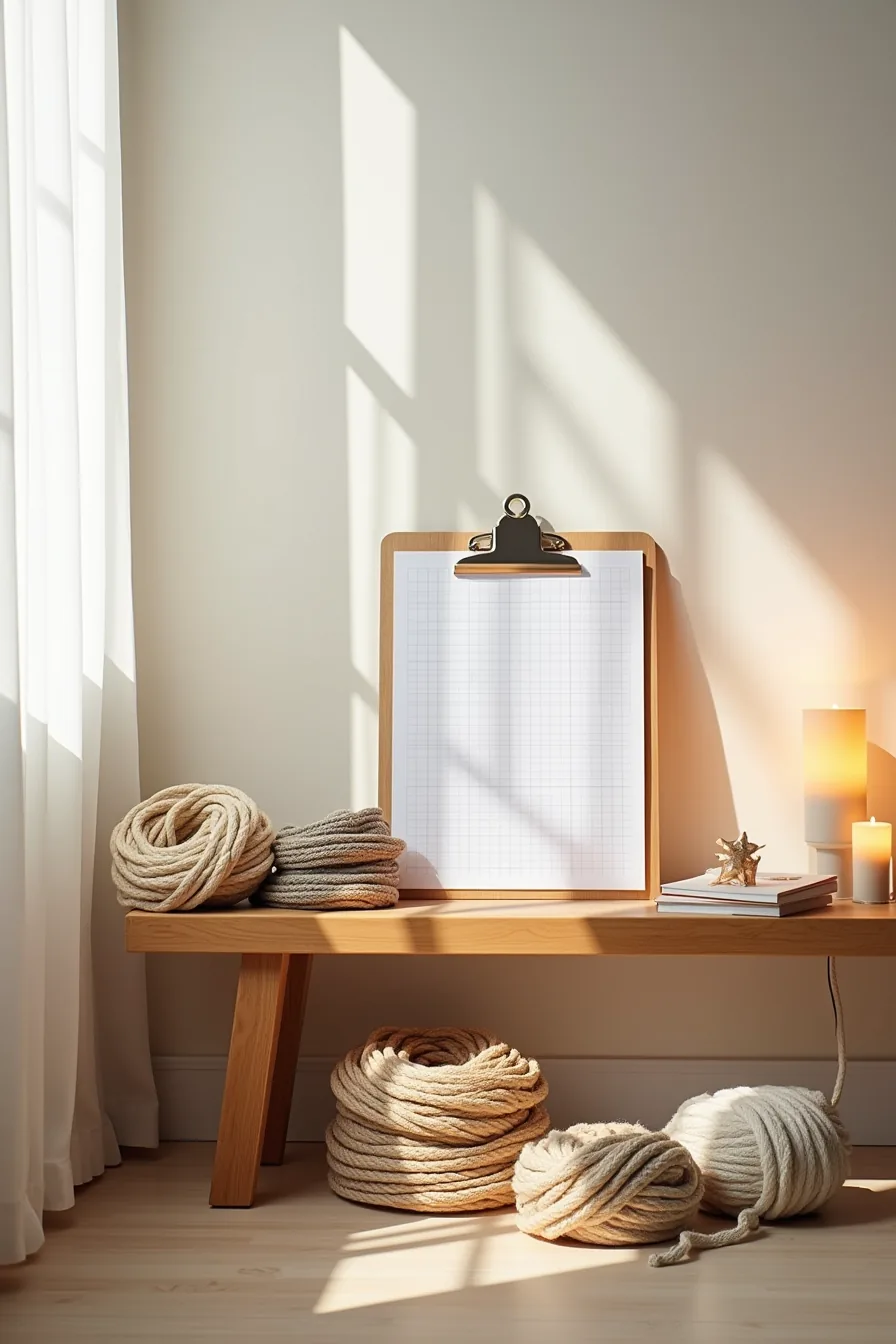Clipboard with grid paper on a wooden bench surrounded by organized piles of rope, hardware, seasonal items, and cleaning