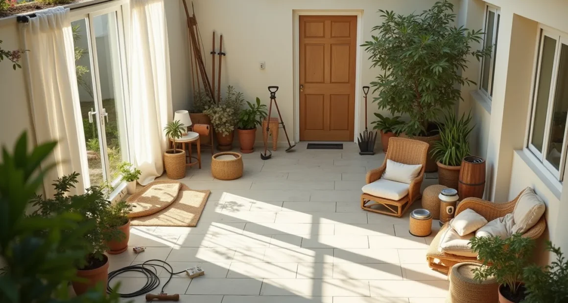 Concrete patio viewed from above with garden tools, potted plants, hose, cushions, and paint cans scattered across the