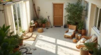 Concrete patio viewed from above with garden tools, potted plants, hose, cushions, and paint cans scattered across the
