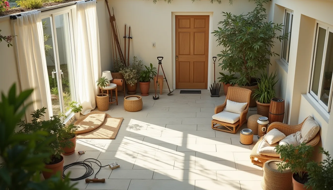 Concrete patio viewed from above with garden tools, potted plants, hose, cushions, and paint cans scattered across the