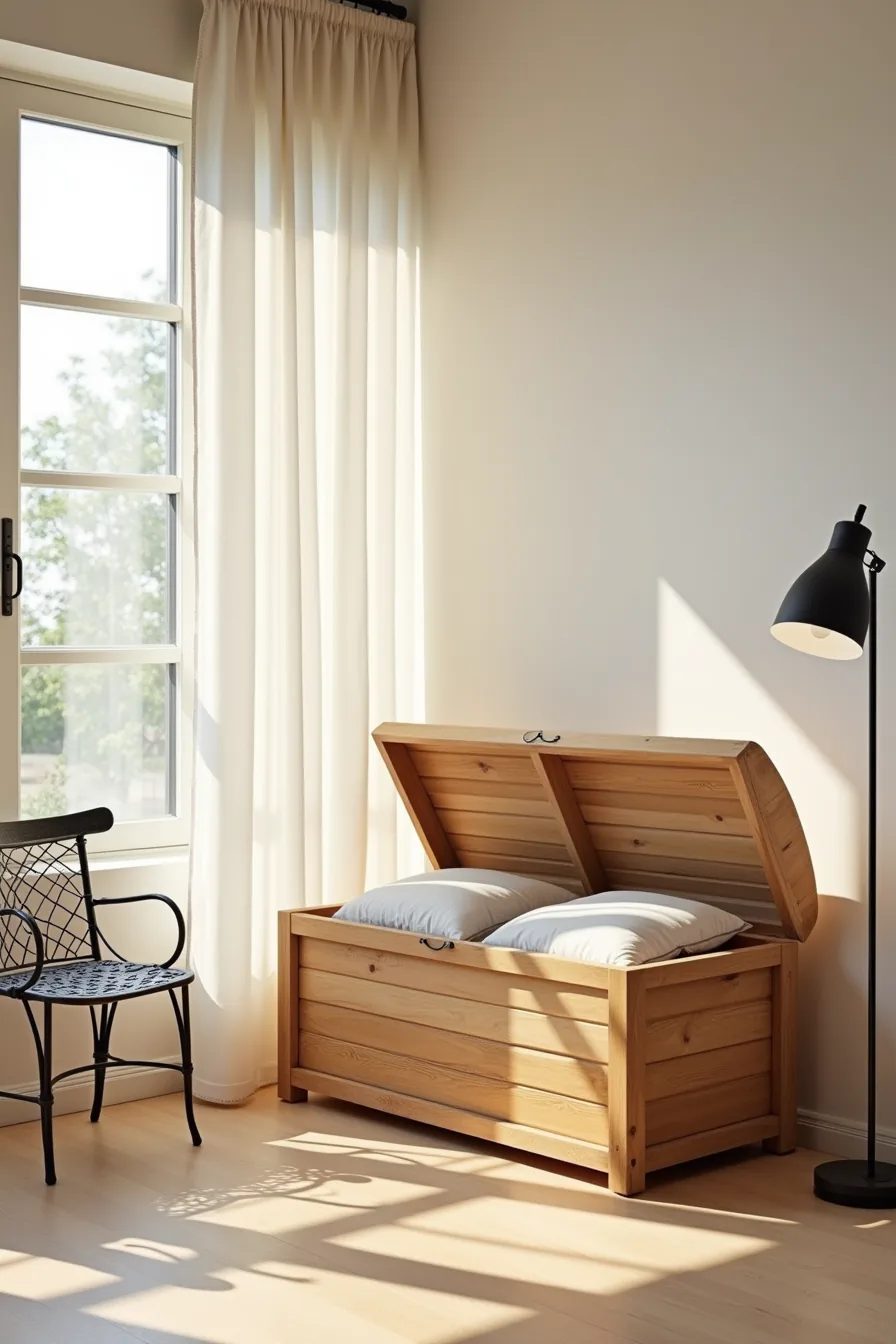 Open wooden deck box on a patio corner filled with folded cushions, positioned next to a portable metal bench.