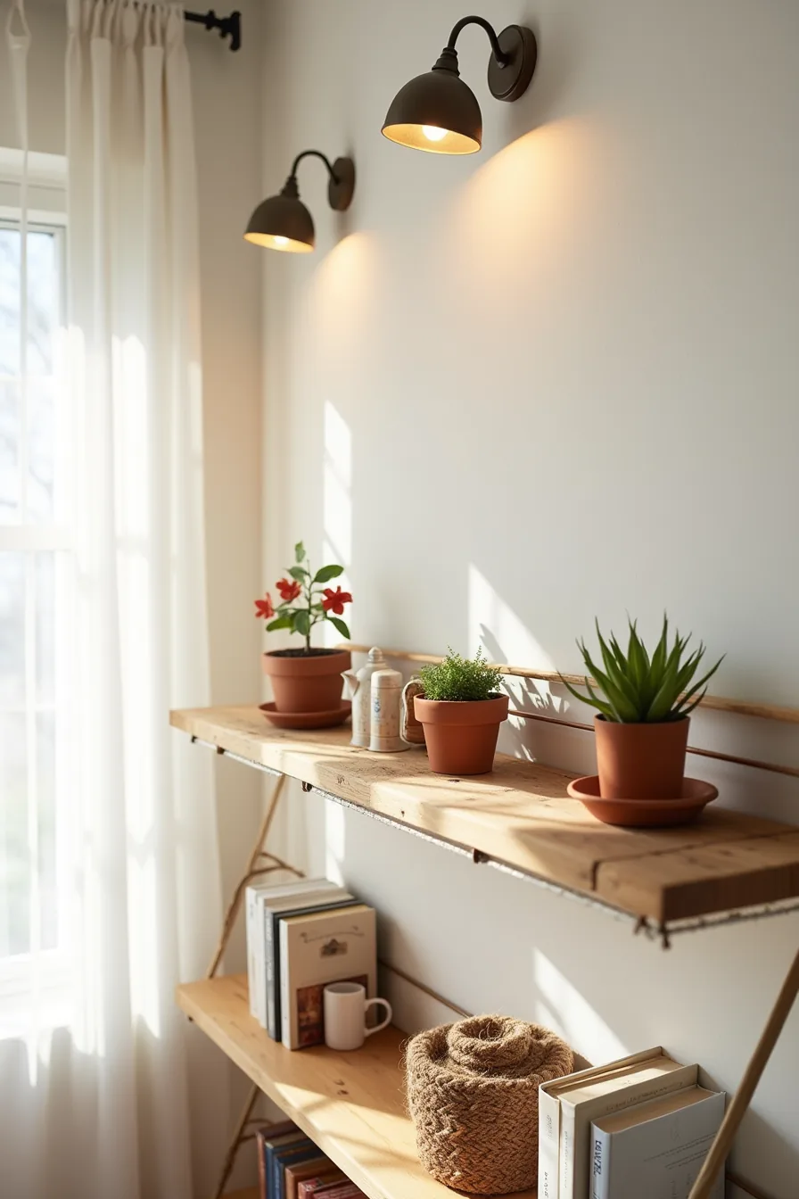 Metal shelves mounted on a fence at varying heights displaying terracotta pots, a watering can, and coiled twine.
