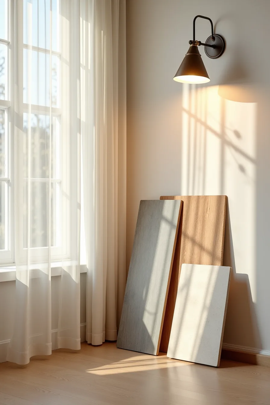 Three material samples—wood plank, metal panel, and resin composite—leaning against a weathered fence in natural light.
