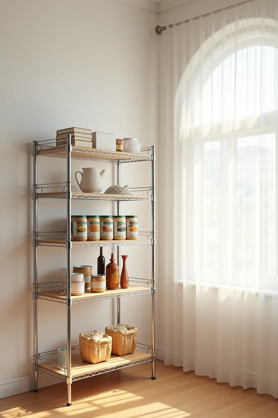 Chrome wire shelving unit with three tiers holding canned goods, cereal boxes, and bottles, with adjustable pegs visible on