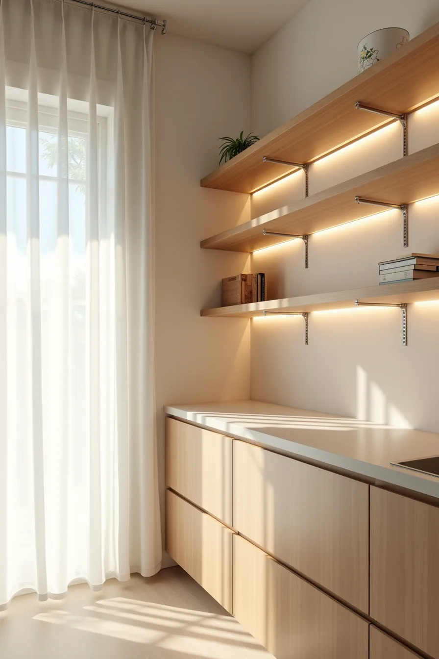 Full-height custom wooden shelving system spanning a pantry wall with five shelves, metal brackets, finished edges, and