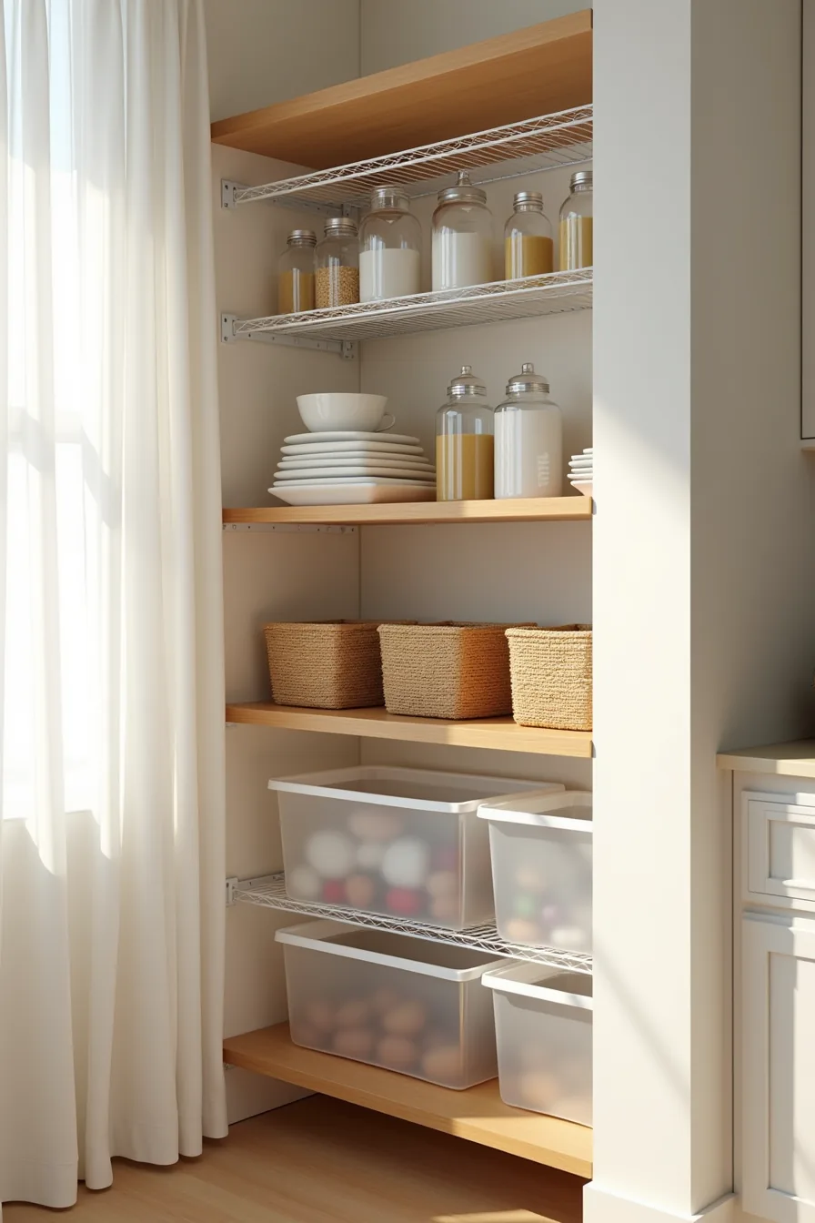 Single pantry shelf combining three storage methods: wire shelving with glass jars, woven baskets, and clear plastic bins on