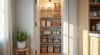 Pantry door interior showing five different shelf organization methods stacked vertically, including wire shelves, clear