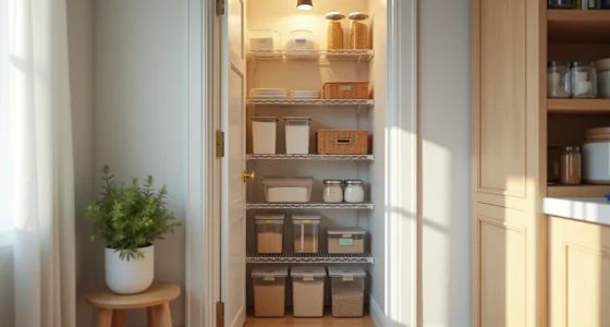 Pantry door interior showing five different shelf organization methods stacked vertically, including wire shelves, clear