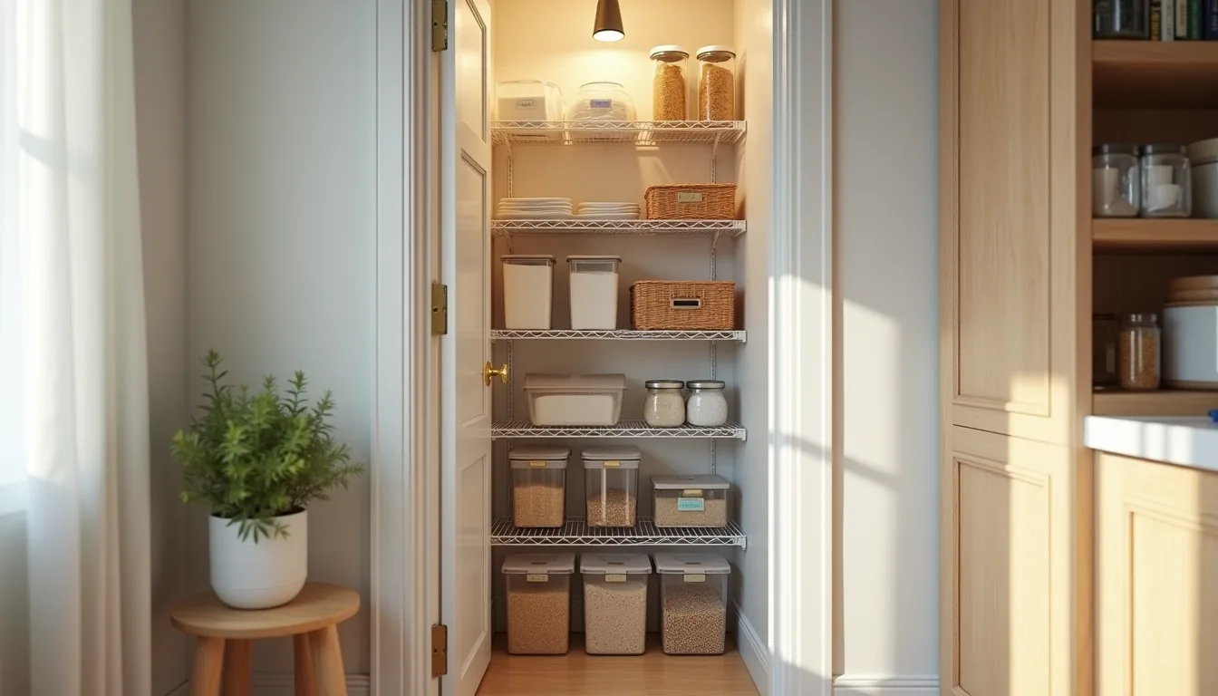 Pantry door interior showing five different shelf organization methods stacked vertically, including wire shelves, clear