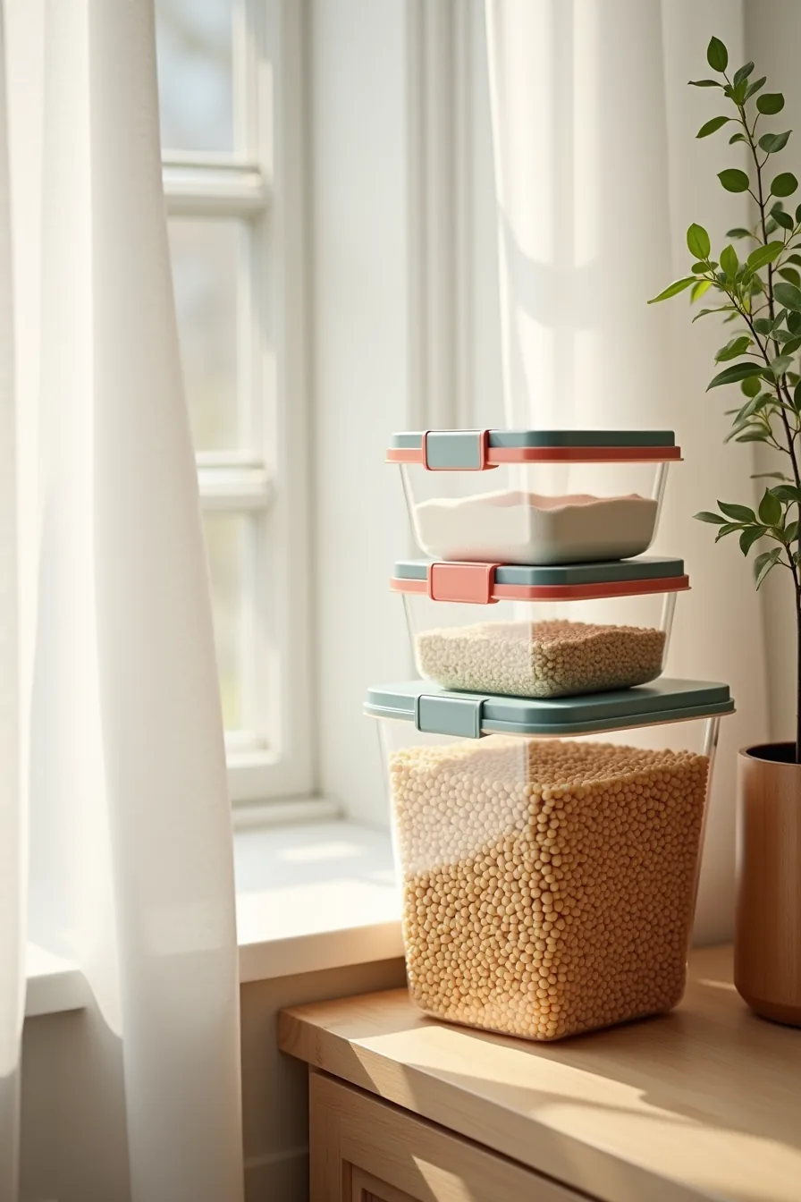 Four stacked clear plastic containers in a pantry corner, each labeled with colored tape and holding different dry goods