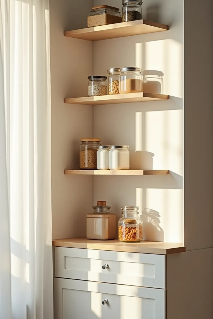 Pantry shelf with three tiered risers holding jars, boxes, and small packages at staggered heights to improve visibility and