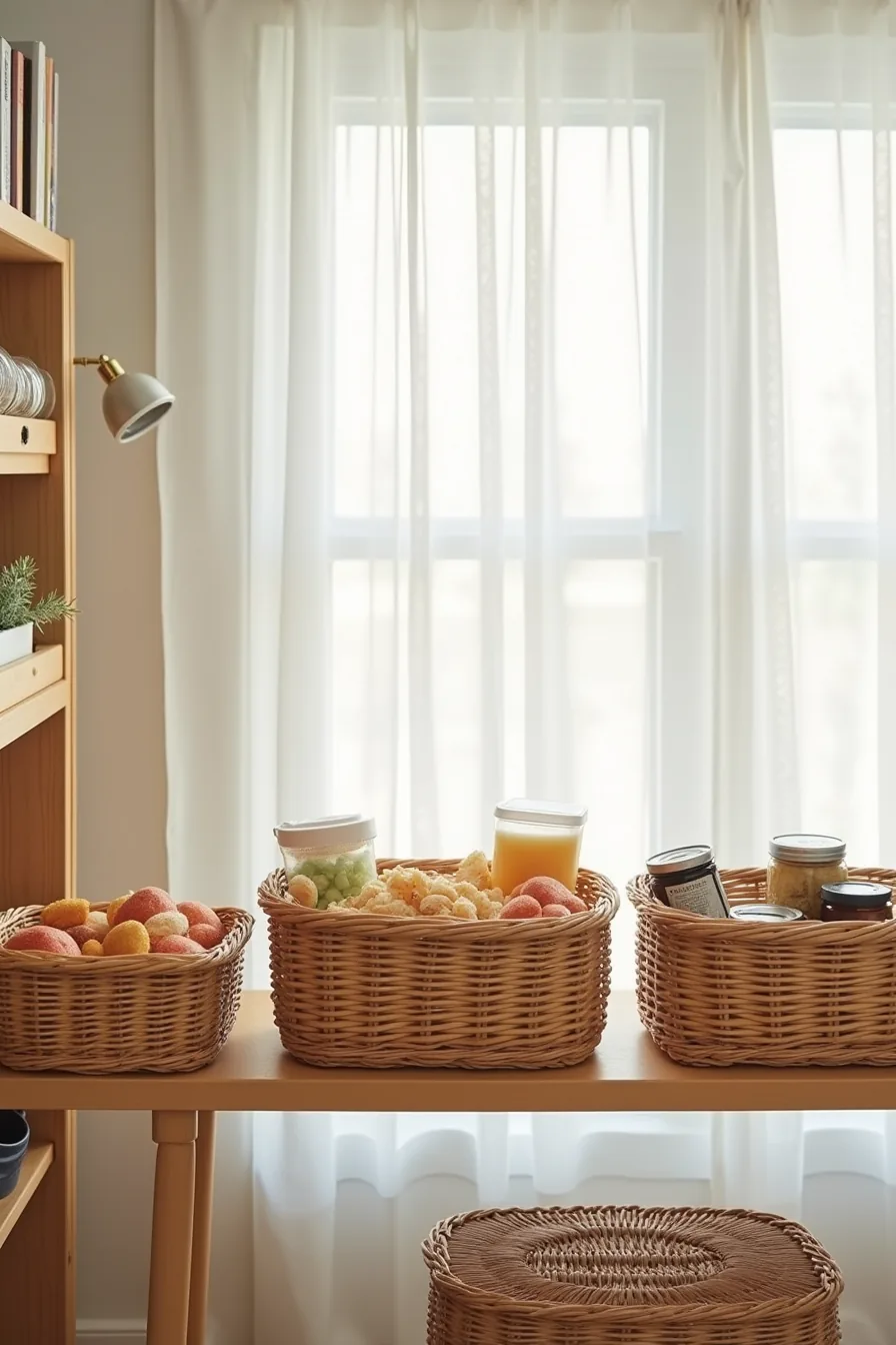 Three woven wicker baskets of different sizes on wooden shelves, each containing snacks, baking supplies, or canned goods.