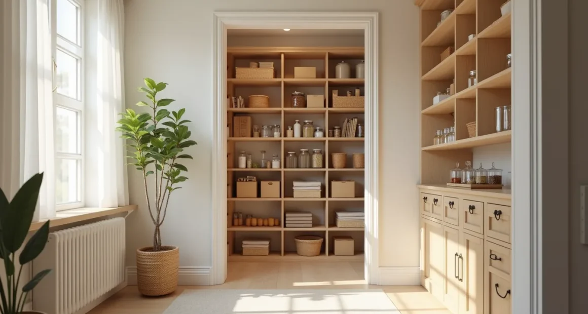 Floor-to-ceiling shelving in a walk-in pantry displays boxed goods, canned items, glass jars, and woven baskets.