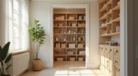 Floor-to-ceiling shelving in a walk-in pantry displays boxed goods, canned items, glass jars, and woven baskets.
