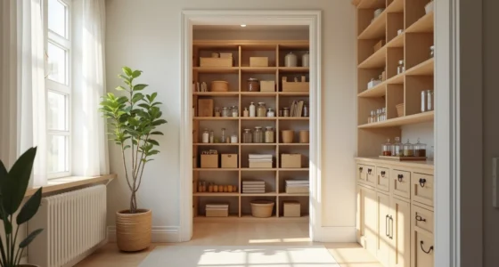 Floor-to-ceiling shelving in a walk-in pantry displays boxed goods, canned items, glass jars, and woven baskets.