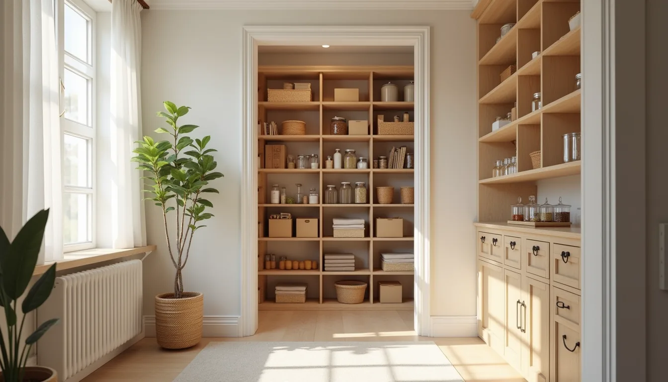 Floor-to-ceiling shelving in a walk-in pantry displays boxed goods, canned items, glass jars, and woven baskets.