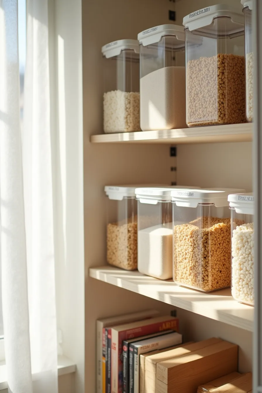 Six clear plastic containers of increasing sizes hold pasta, rice, cereal, and flour with handwritten labels on lids.