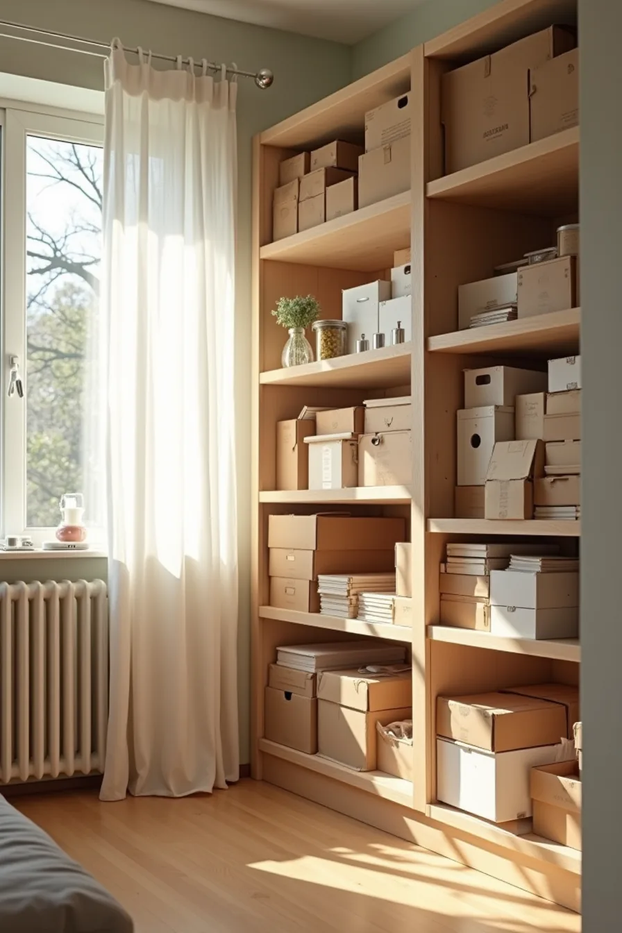 Haphazardly stacked boxes and cramped items block shelf edges and ventilation in a disorganized pantry.
