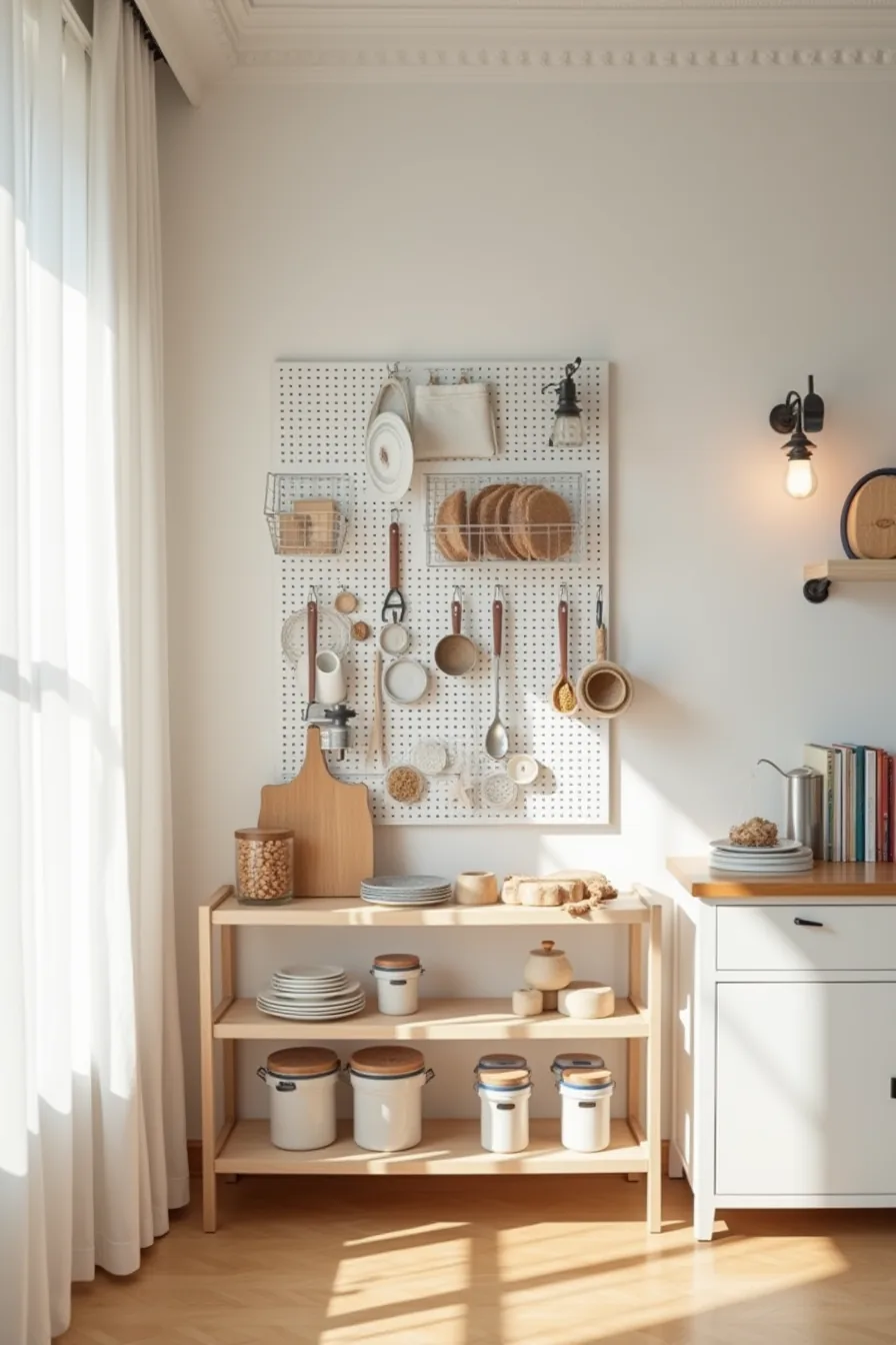 Pegboard with metal hooks and hanging baskets stores utensils and jars above a shelf holding larger containers.