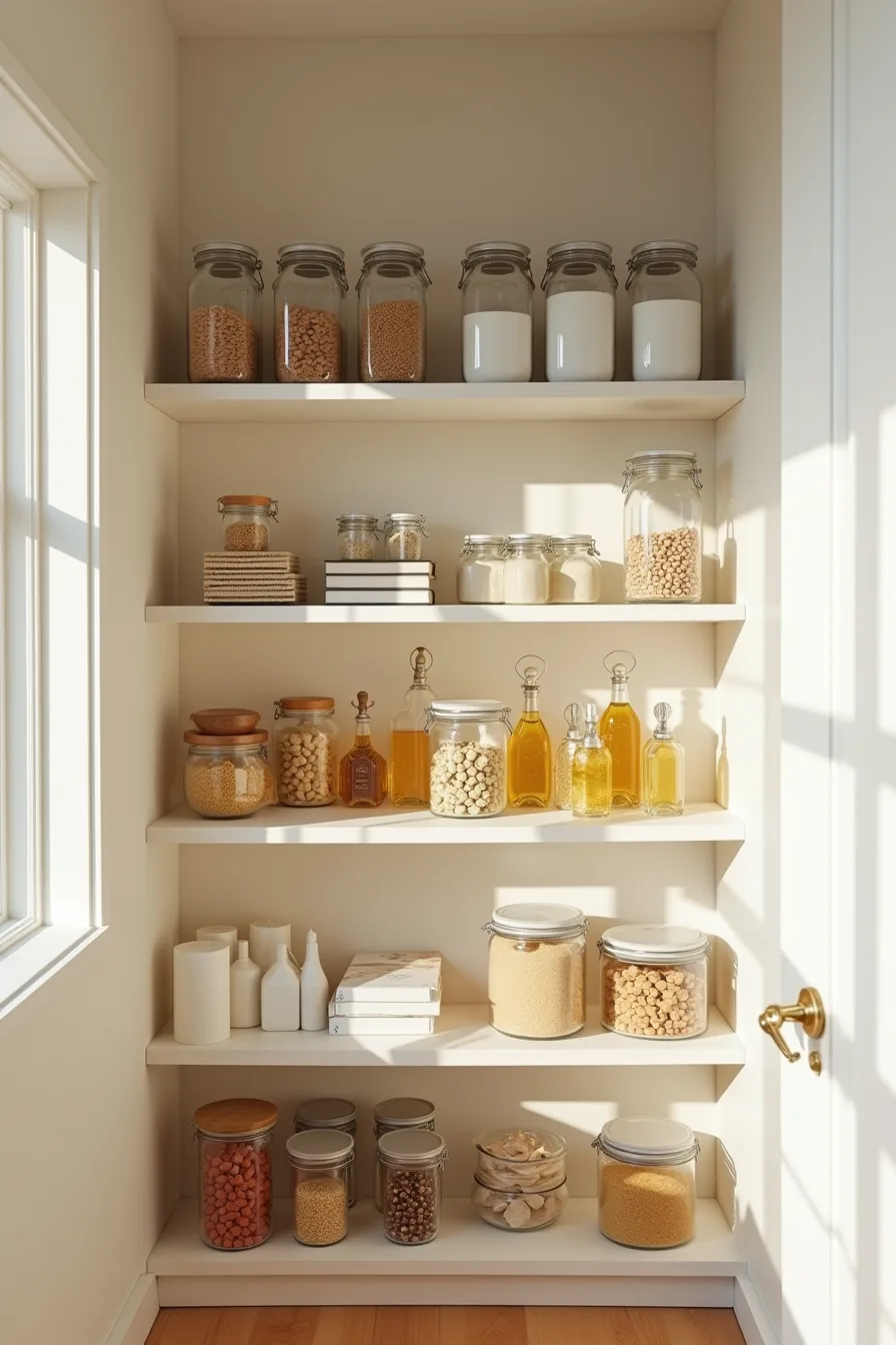 Three organized shelf levels display bulk staples, frequently used snacks in clear bottles, and specialty items with wire