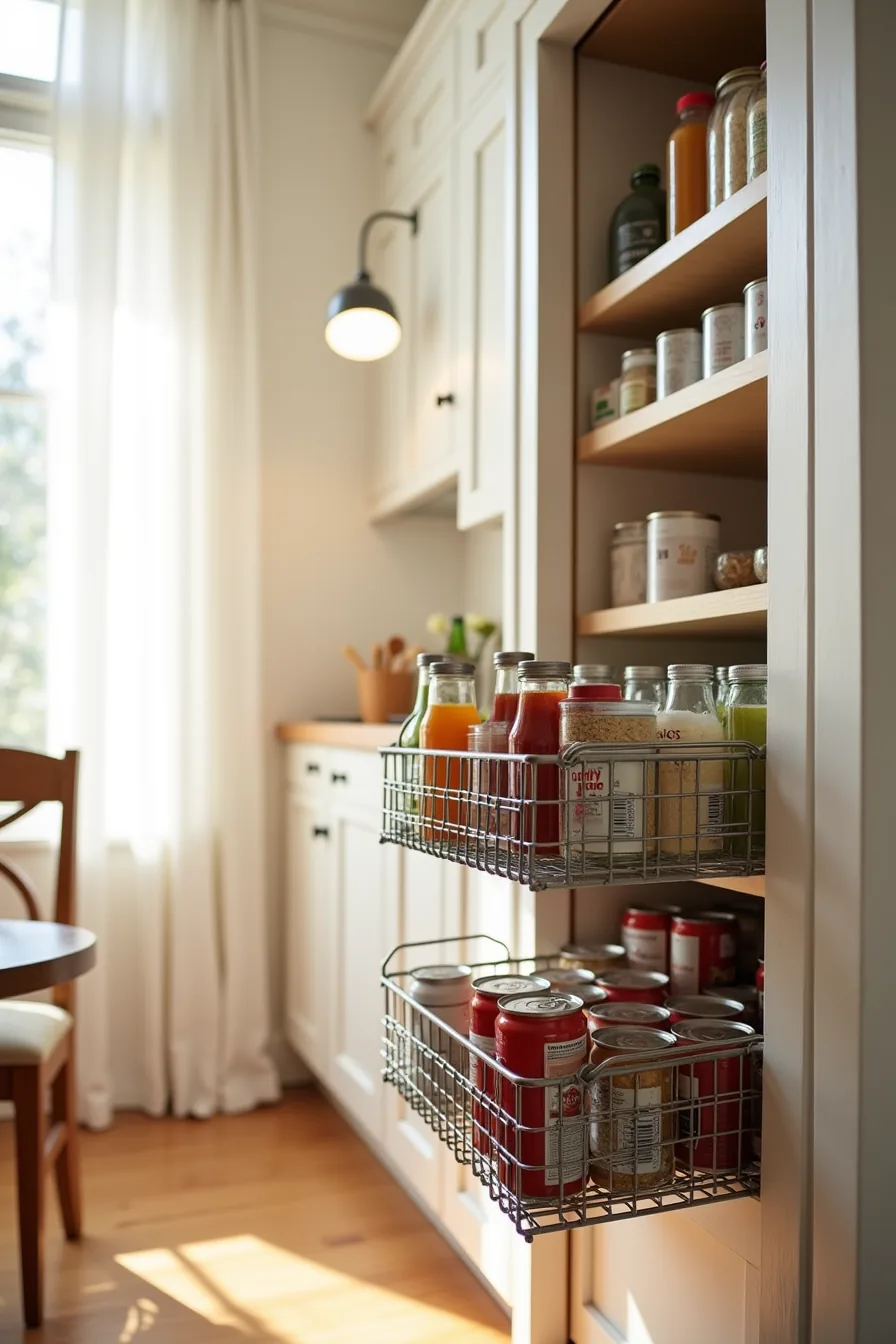 A wire pull-out basket extends from a deep shelf displaying stacked canned goods and bottles with a second basket behind.