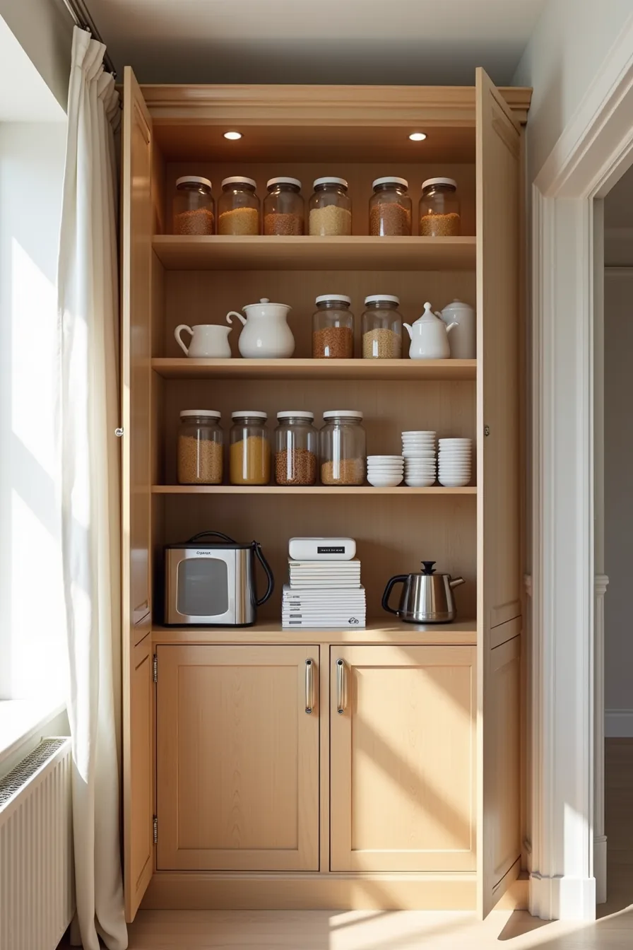 A wooden pantry cabinet with adjustable shelves displays matching glass jars, cookbooks, and small appliances behind
