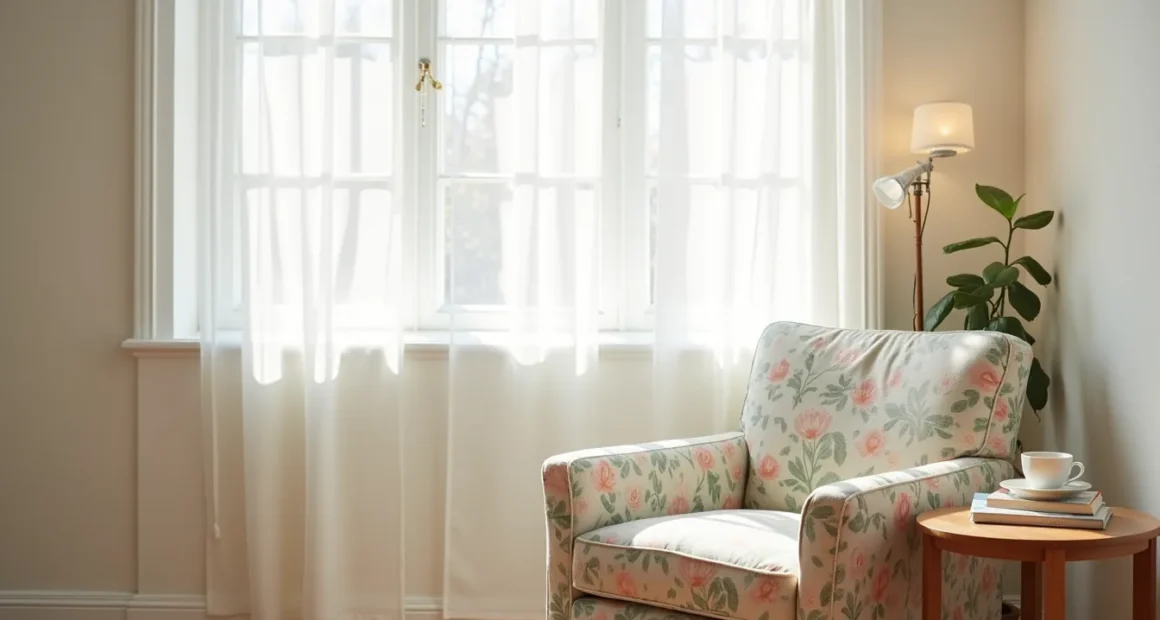 Botanical-print accent chair angled in corner with wooden side table holding a ceramic mug, lit by natural window light.