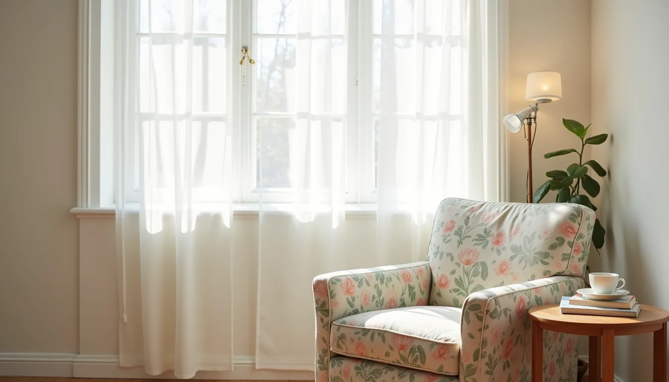 Botanical-print accent chair angled in corner with wooden side table holding a ceramic mug, lit by natural window light.