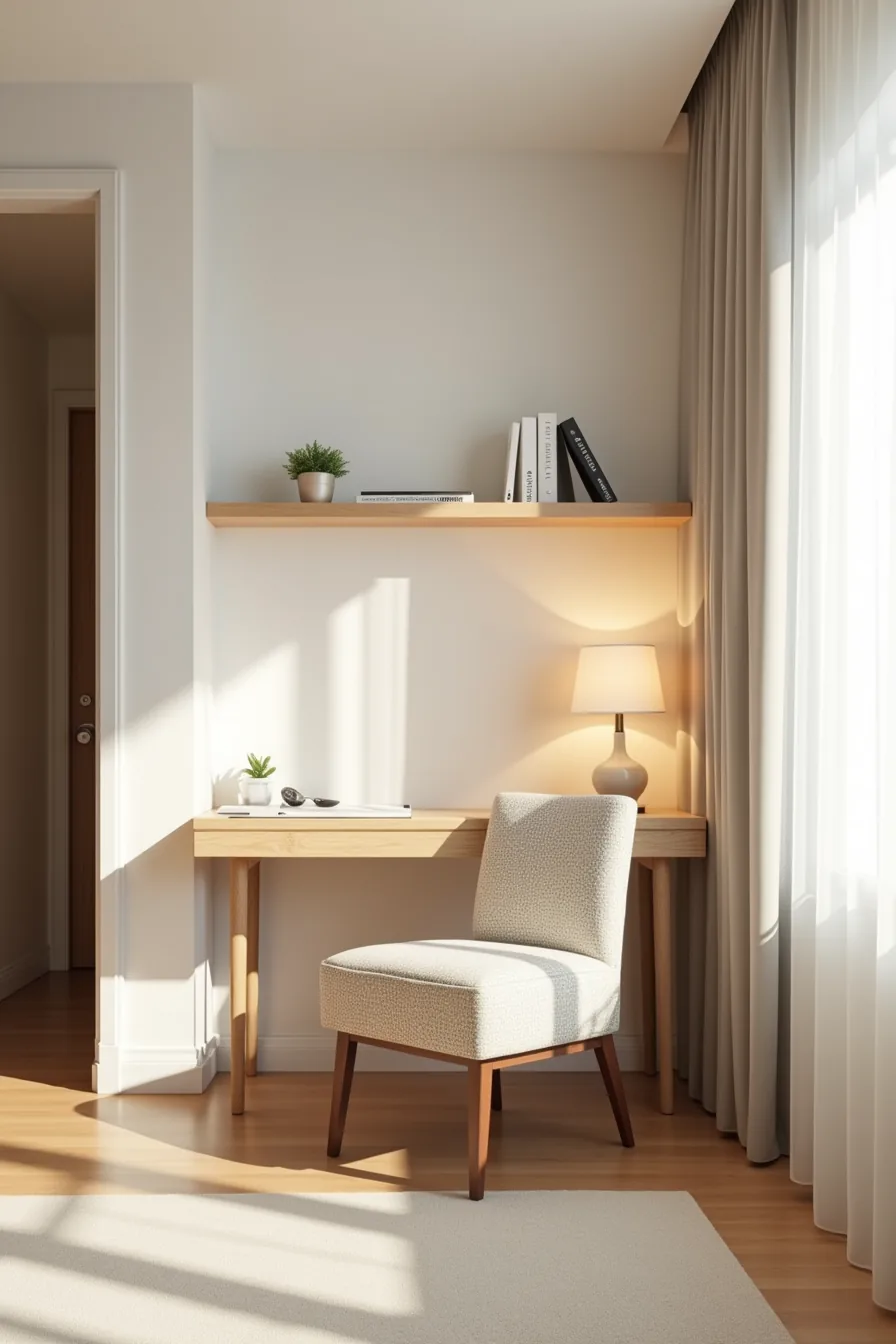 Compact geometric-patterned chair in studio corner beside desk with floating shelf above and hallway entrance visible.