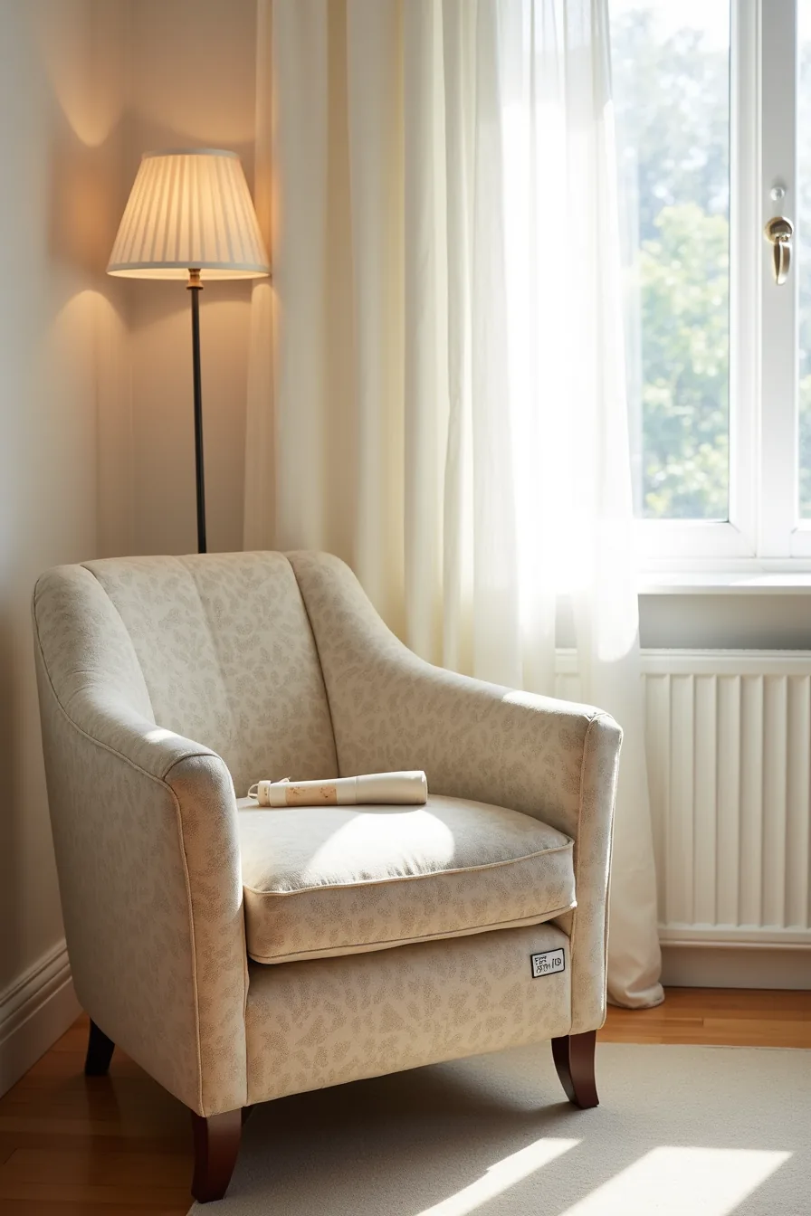 Patterned accent chair with lint roller on arm, visible stain on cushion, and fabric care tag showing maintenance details.
