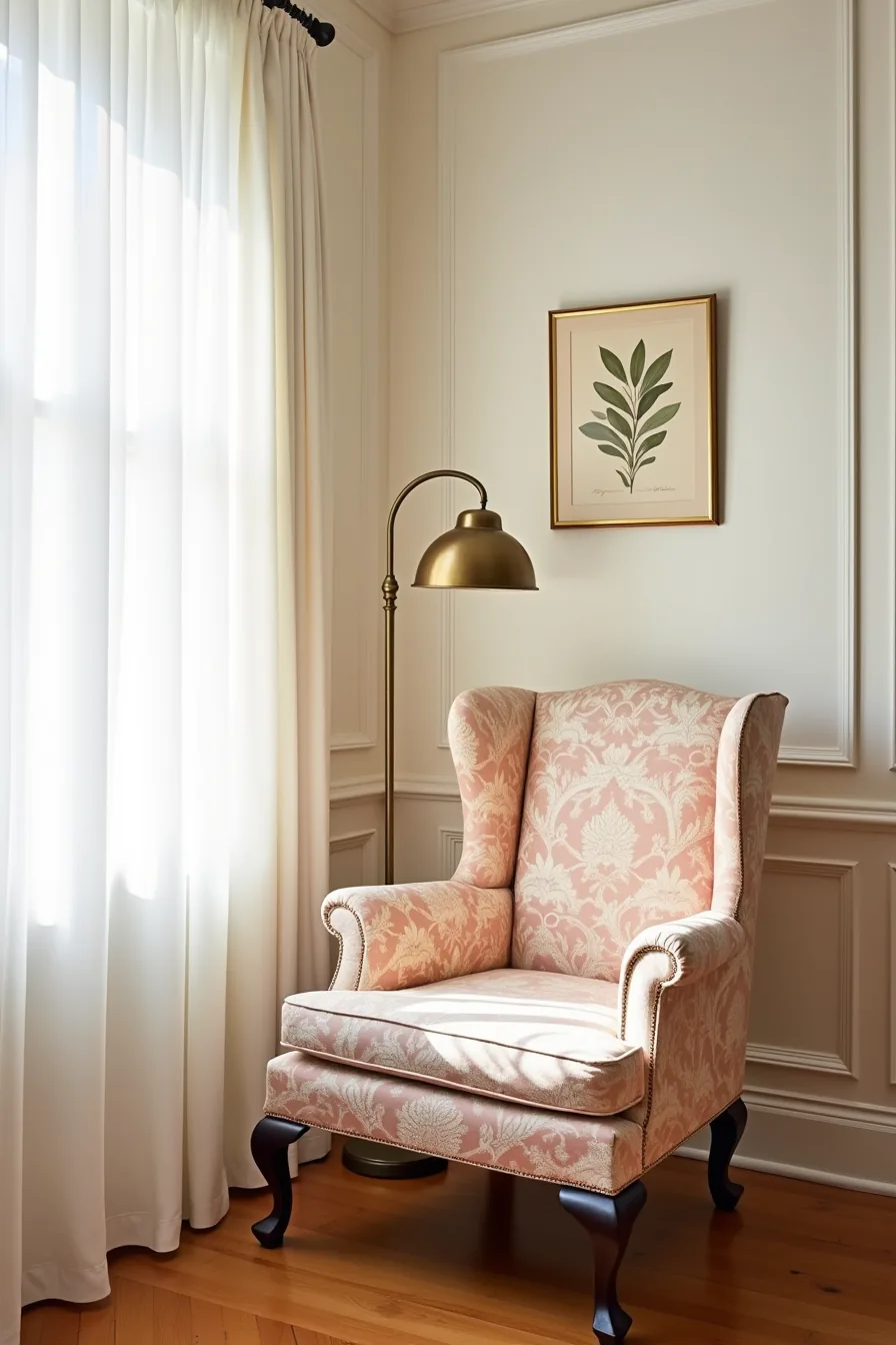 Rose and cream floral damask wingback chair against wainscoting with brass floor lamp and botanical wall print above