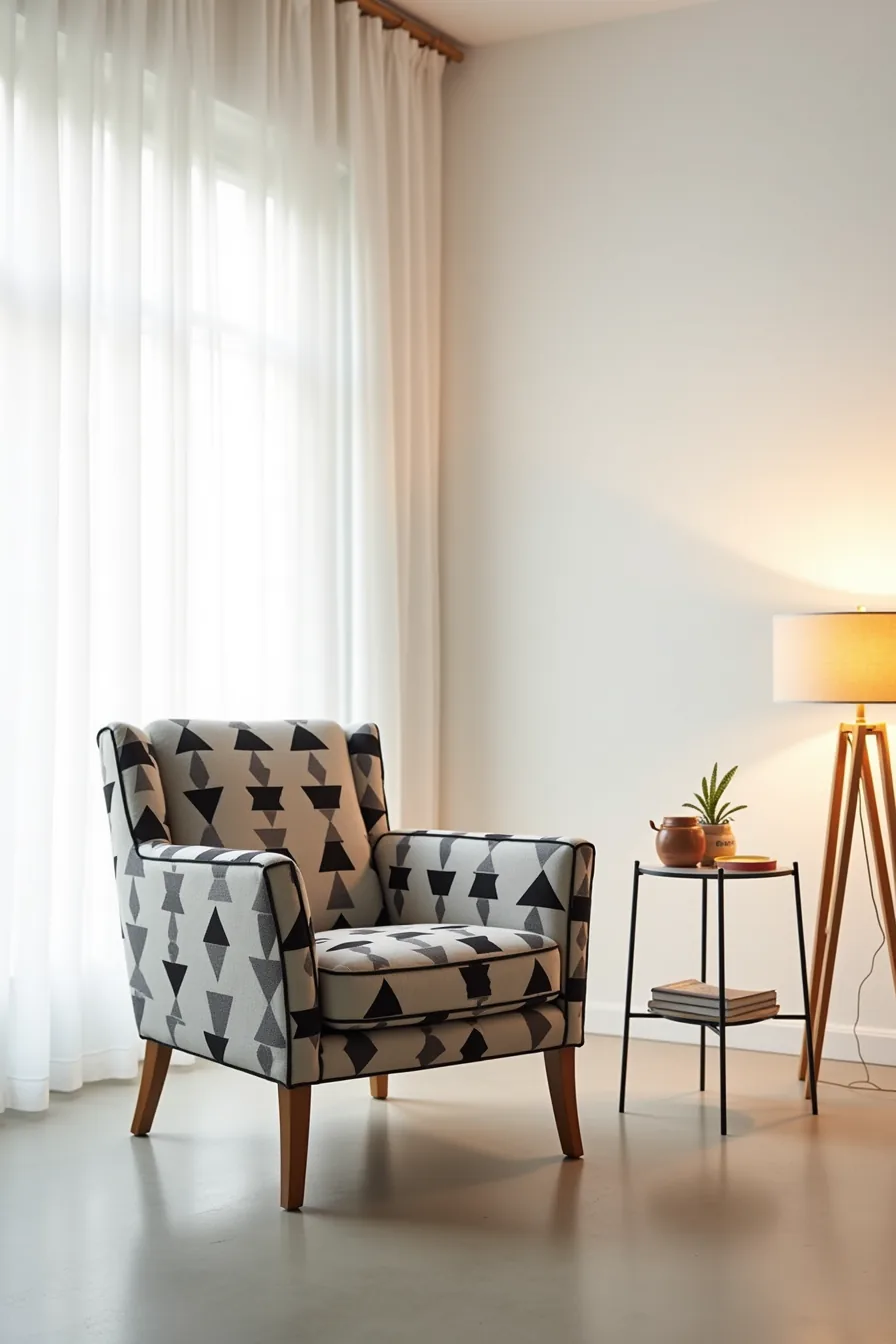 Black and white geometric triangle accent chair on concrete floor with chrome side table in minimal white-walled space.