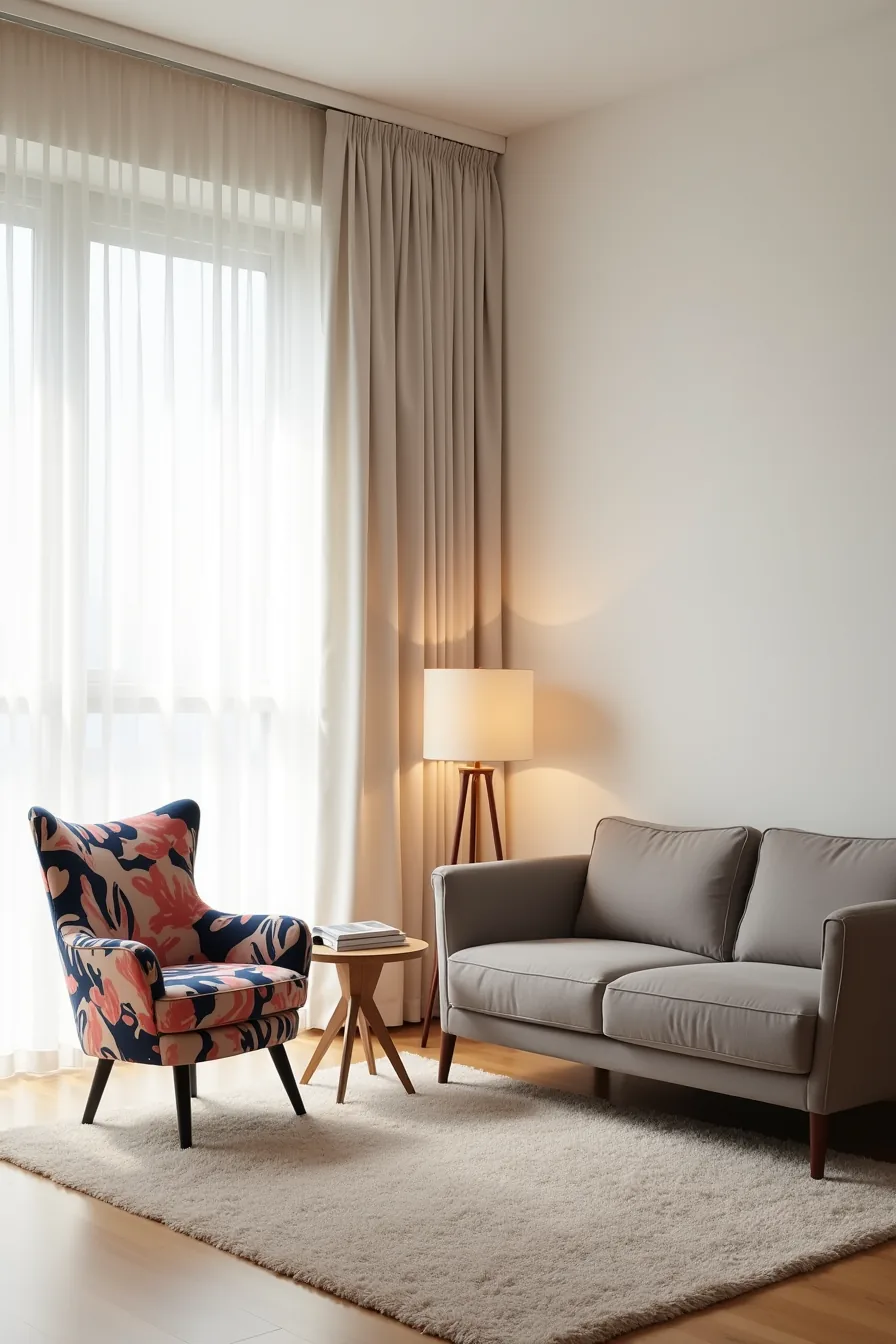 Navy and coral abstract patterned accent chair angled toward gray sofa with wooden coffee table and area rug between.