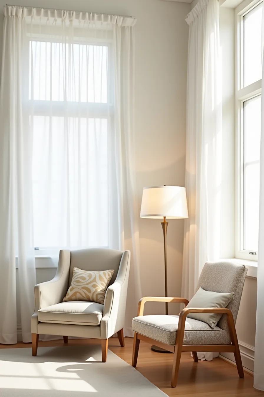 Three patterned accent chairs in increasing quality levels arranged against white wall with floor lamps beside each.