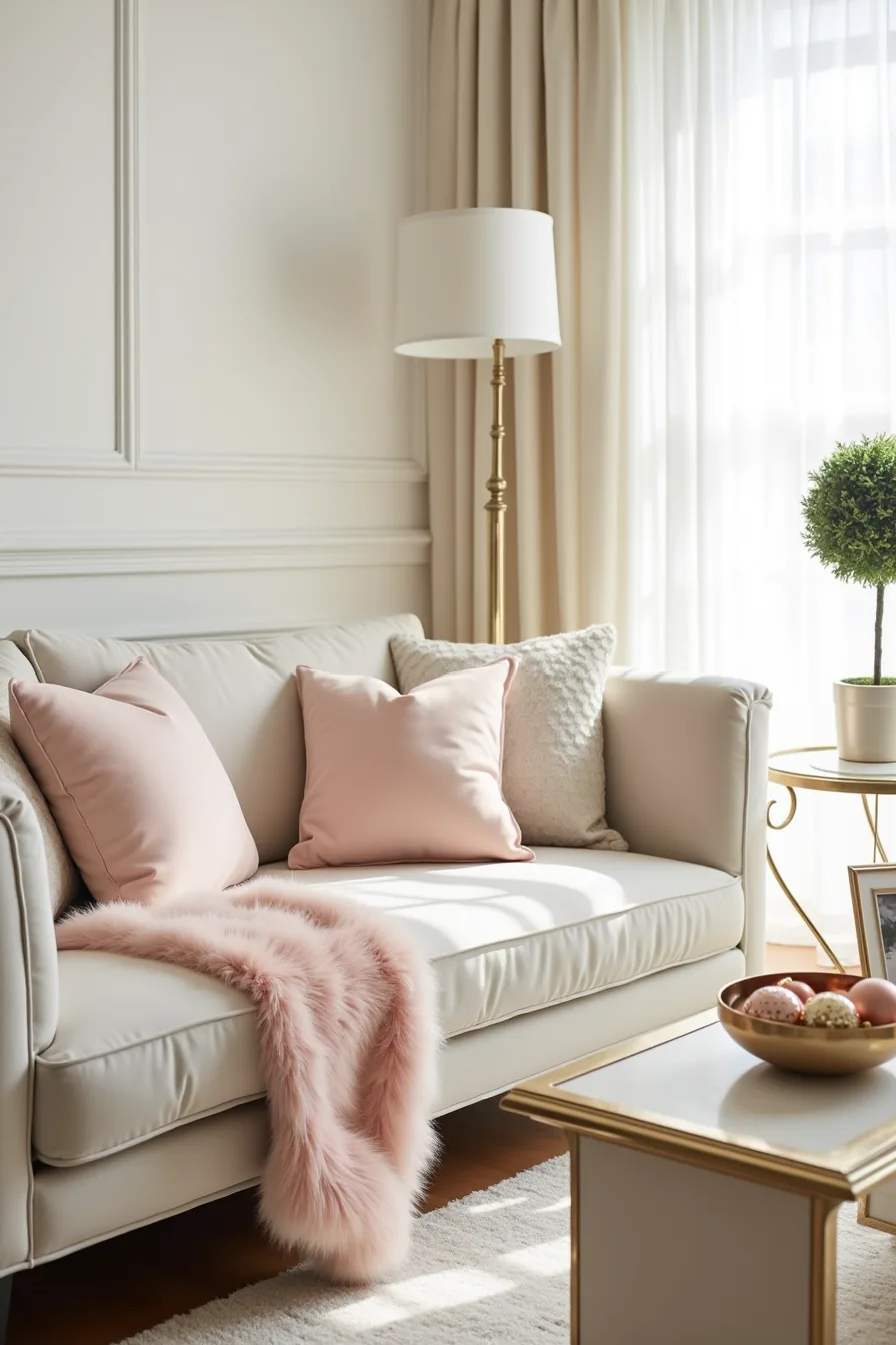 Neutral sofa with pale pink faux fur throw, gold-rimmed bowl of blush ornaments, gold frame, and ribbon-tied potted