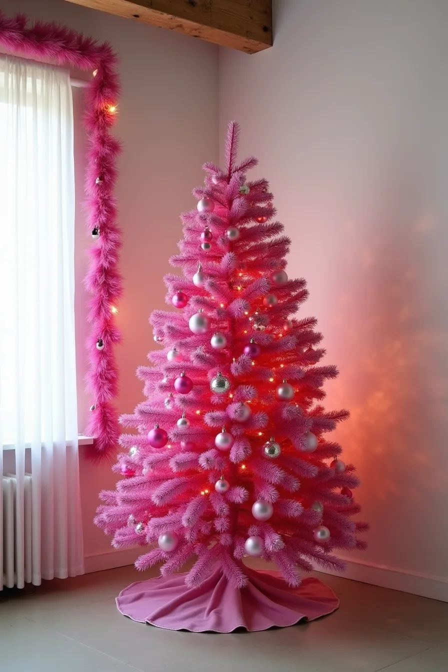 Bright fuchsia Christmas tree densely decorated with magenta ornaments and matching pink garland on adjacent wall in loft